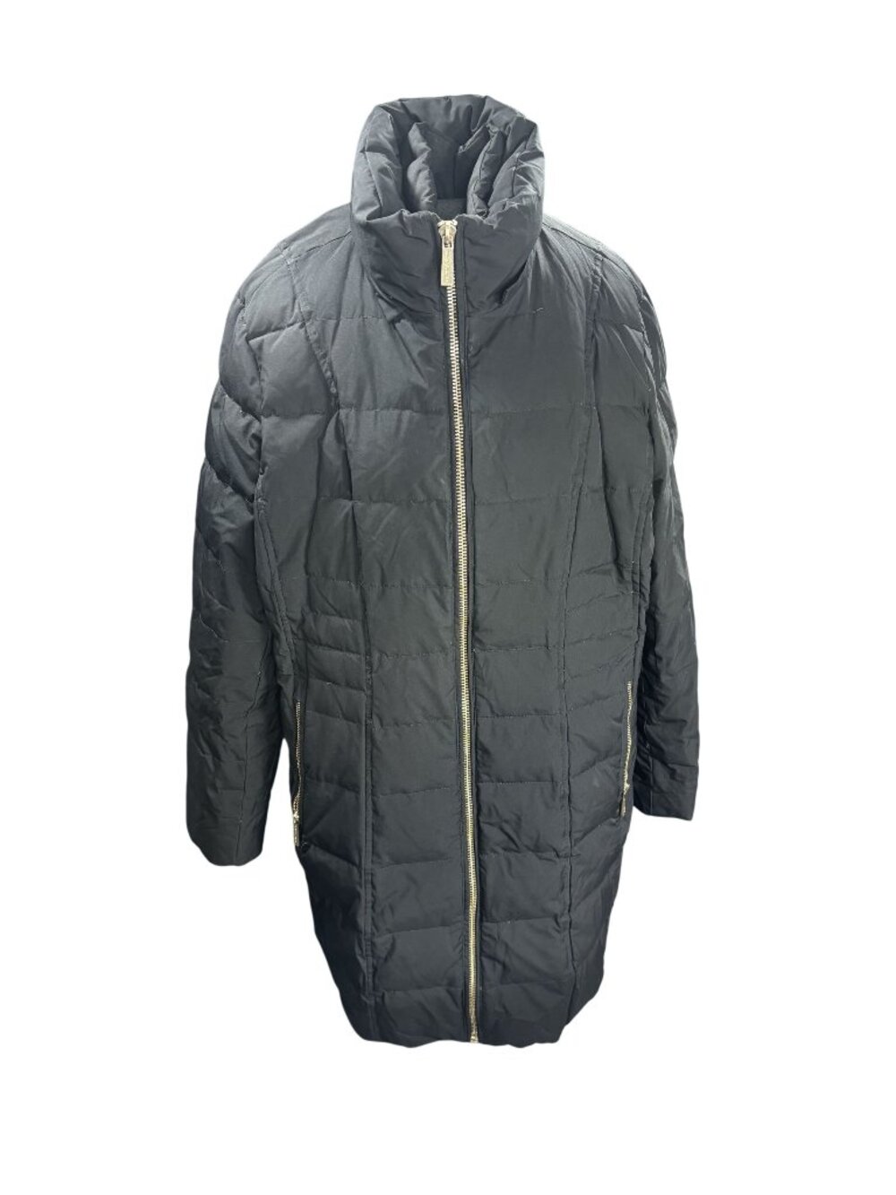 Michael Kors Womens Black Quilted Puffer Coat With Gold Zipper High Collar & Ela